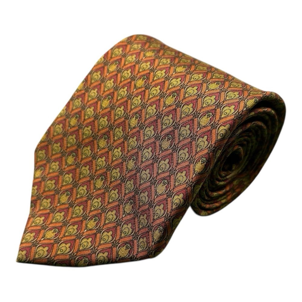 Salvatore Ferragamo Orange Red Geometric Owl Pure Silk Men’s Tie 3.75 Inch Width